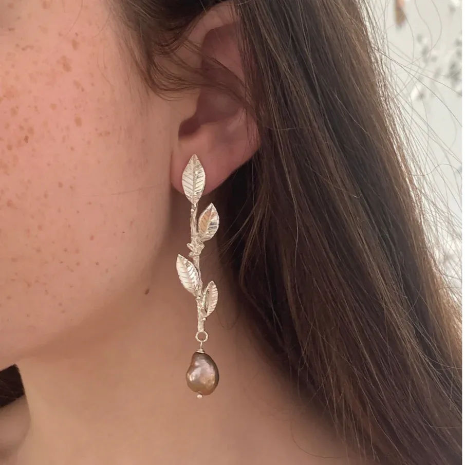 Statement Silver Laurel Leaf and Pearl Earrings, Long Drop Wedding Earrings - Boutee