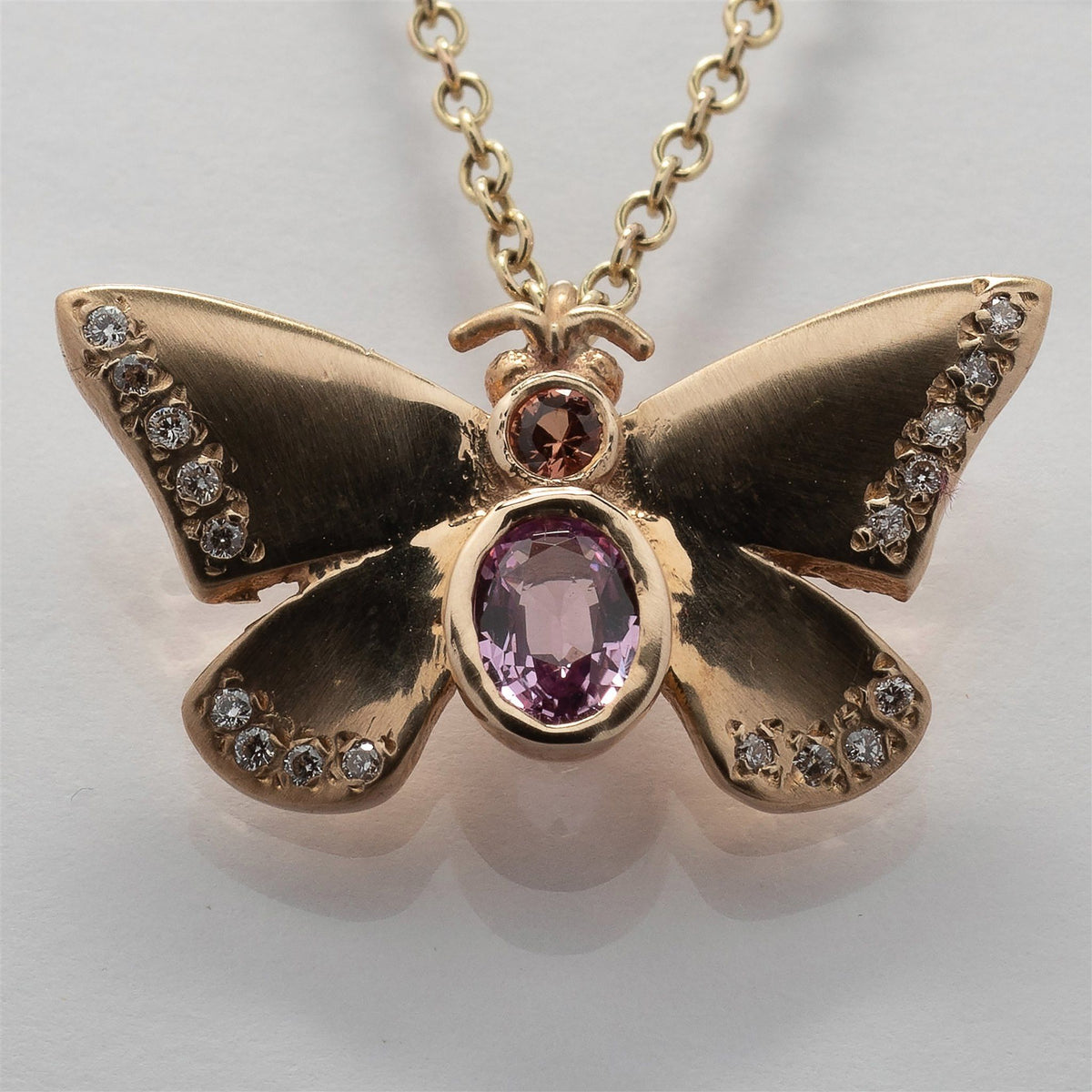 9ct Gold Pink Sapphire, Orange Sapphire & Diamond Butterfly Necklace - Boutee