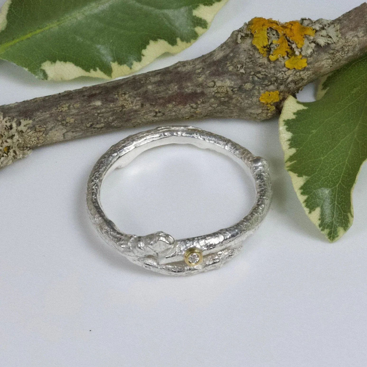 Diamond Twig Elvish Ring-Rustic Silver Wedding Ring-Diamond Wedding Ring-April Birthstone Ring - Boutee