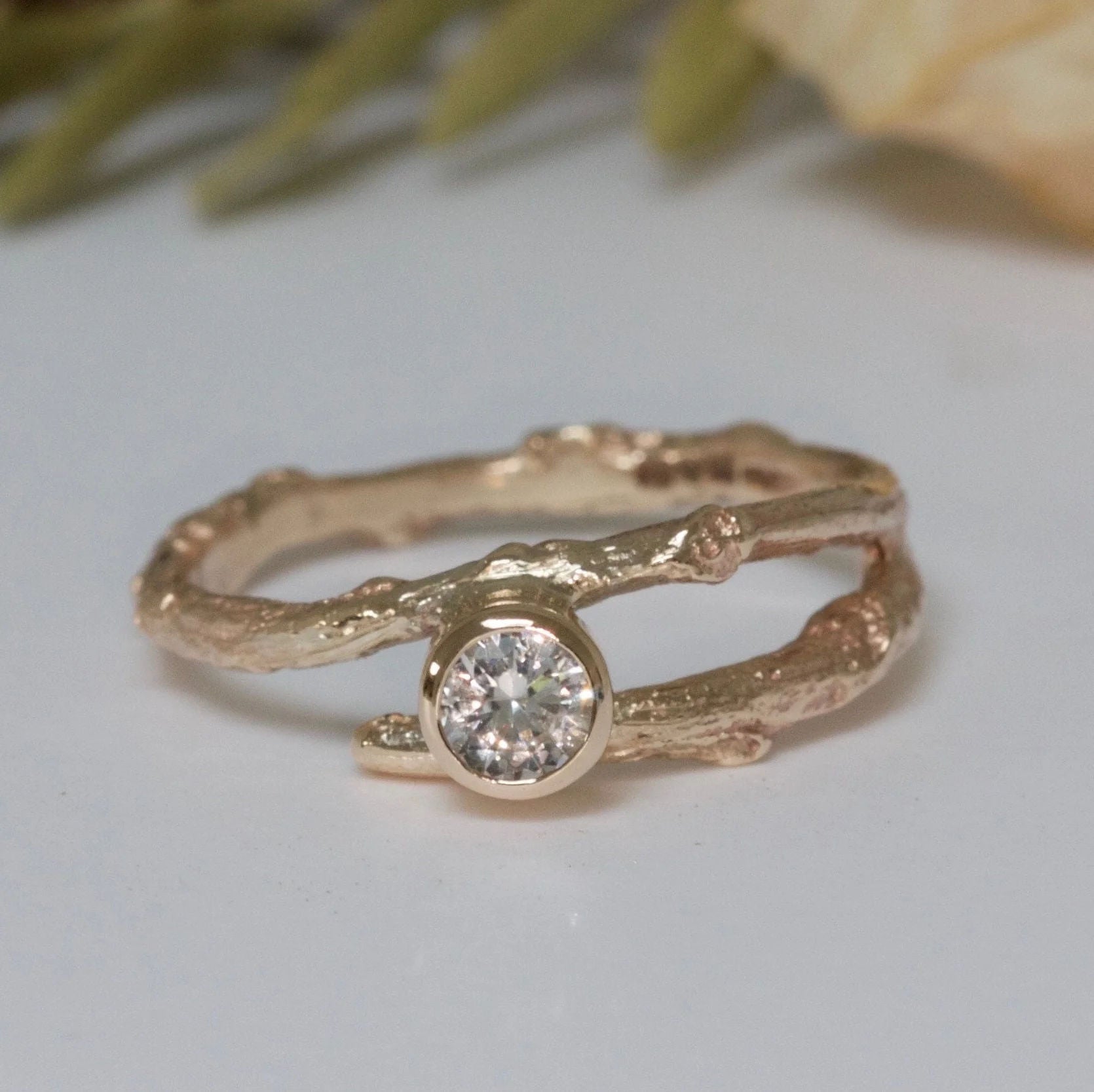 9ct Gold and Sapphire Twig Ring, September Birthstone, Unique Engagement Ring - Boutee