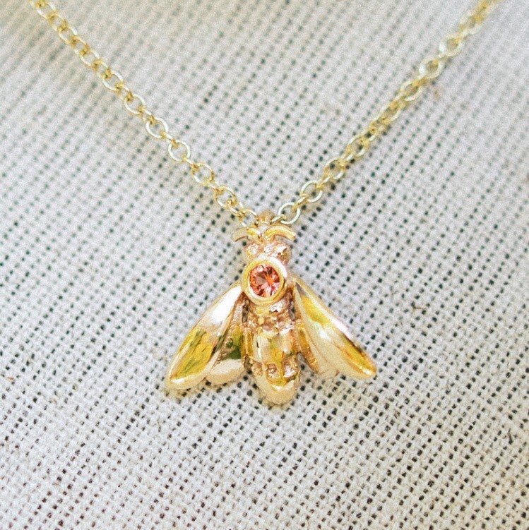 9ct Gold Orange Sapphire & Diamond Bee Necklace - Boutee