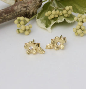 Solid Gold and Diamond Cherry Blossom Earrings, 18ct Gold Flower Stud Earrings - Boutee