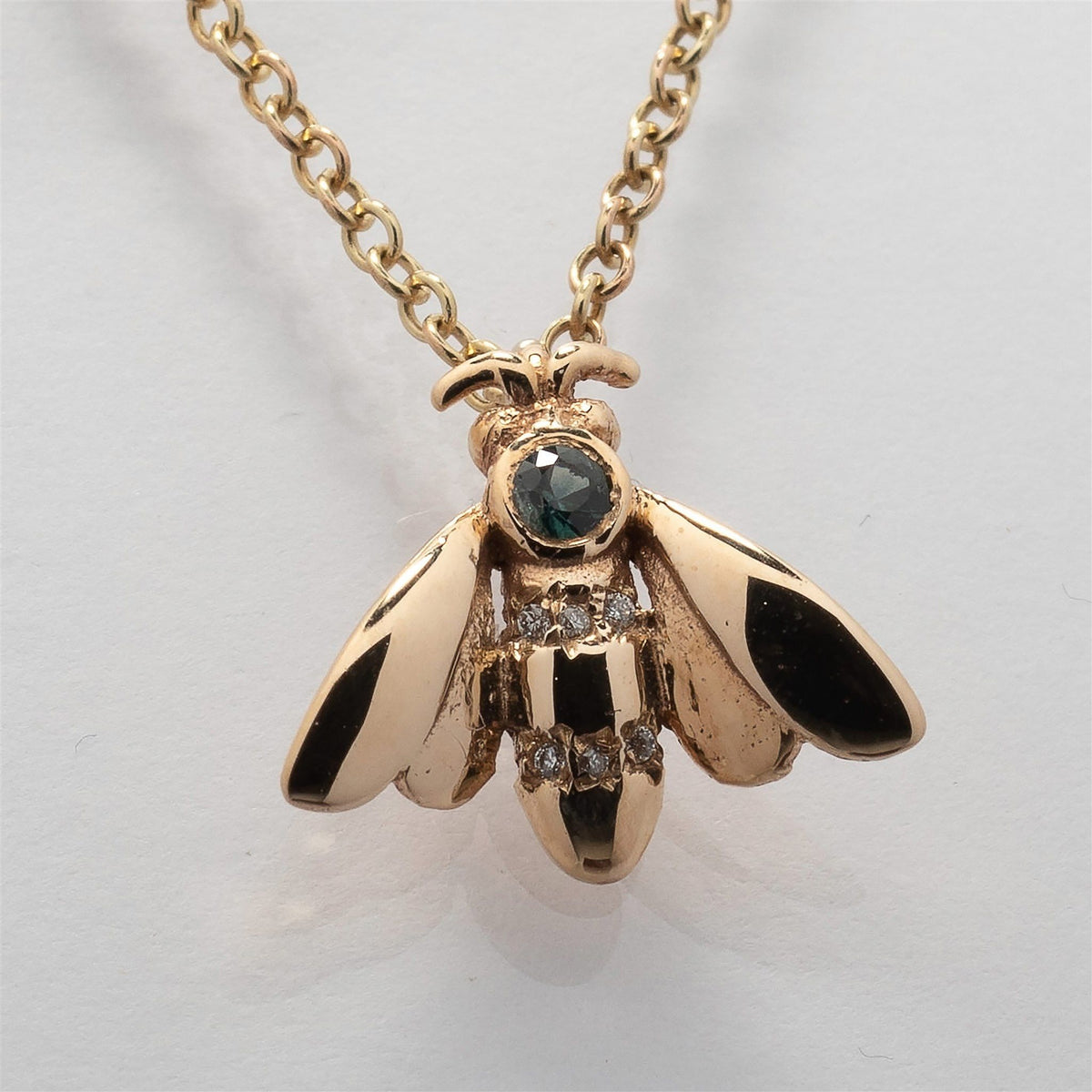 9ct Gold Teal Sapphire & Diamond Bee Necklace - Boutee