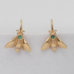 9ct Gold Emerald & Diamond Bee Earrings - Boutee