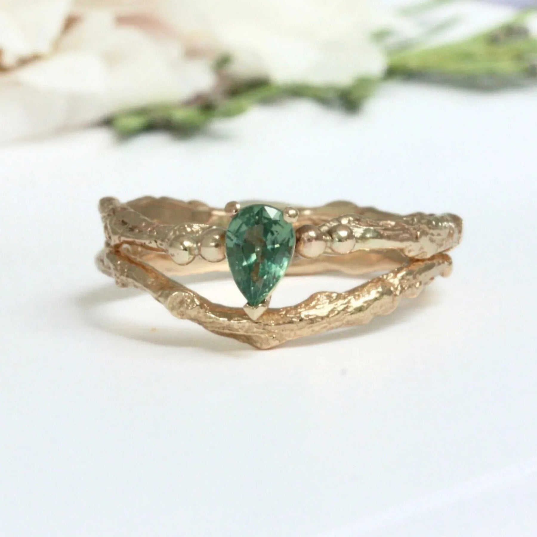 Pear Green Sapphire Engagement Ring, Gold Twig Ring - Boutee