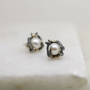 Silver & 9ct Gold Ocean Pearl Stud Earrings - Boutee