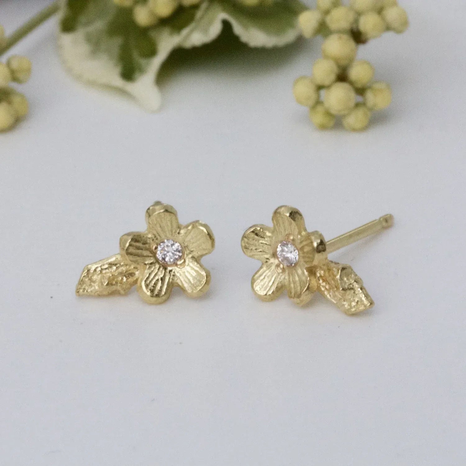 Solid Gold and Diamond Cherry Blossom Earrings, 18ct Gold Flower Stud Earrings - Boutee