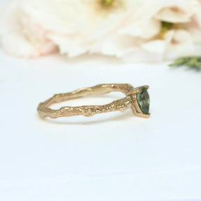 Pear Green Sapphire Engagement Ring, Gold Twig Ring - Boutee