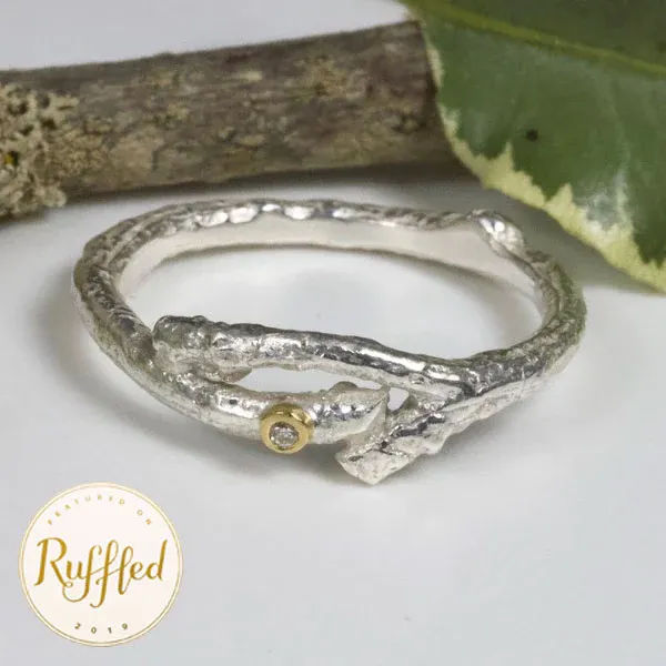 Diamond Twig Elvish Ring-Rustic Silver Wedding Ring-Diamond Wedding Ring-April Birthstone Ring - Boutee