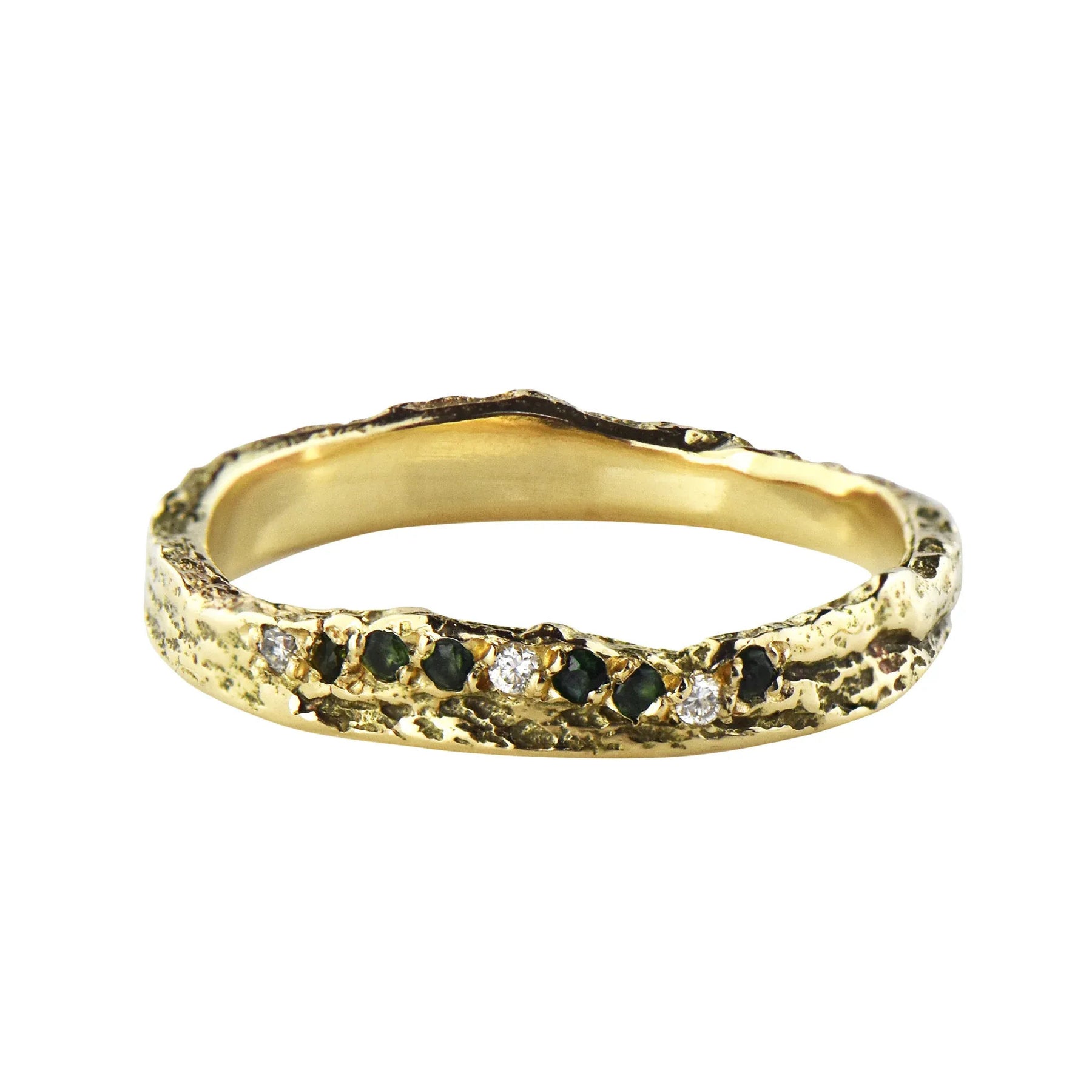 14ct Gold Skinny London Plane Ring with Diamonds and Tourmalines - Boutee
