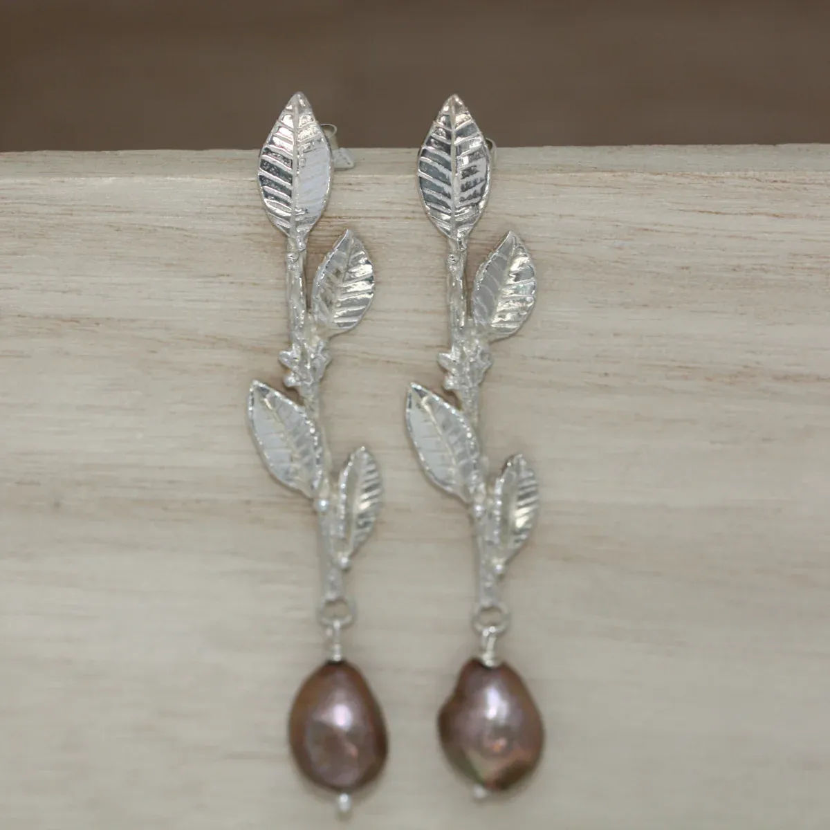 Statement Silver Laurel Leaf and Pearl Earrings, Long Drop Wedding Earrings - Boutee