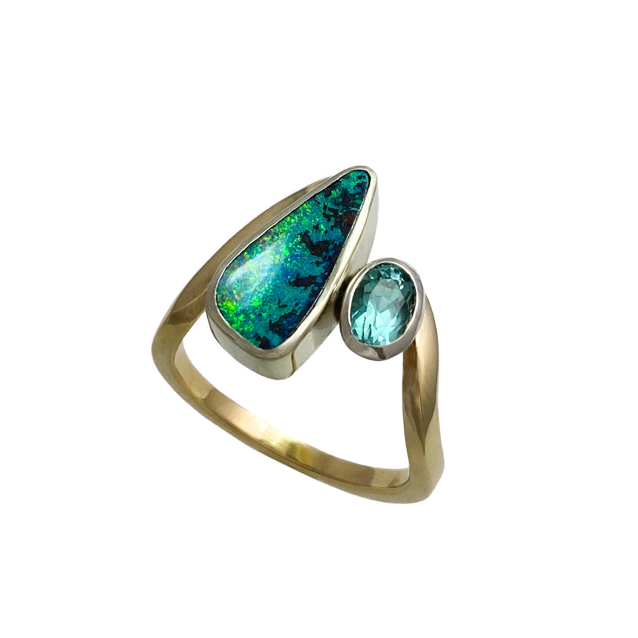 Ocean Wave Boulder Opal and Tourmaline Ring - Boutee