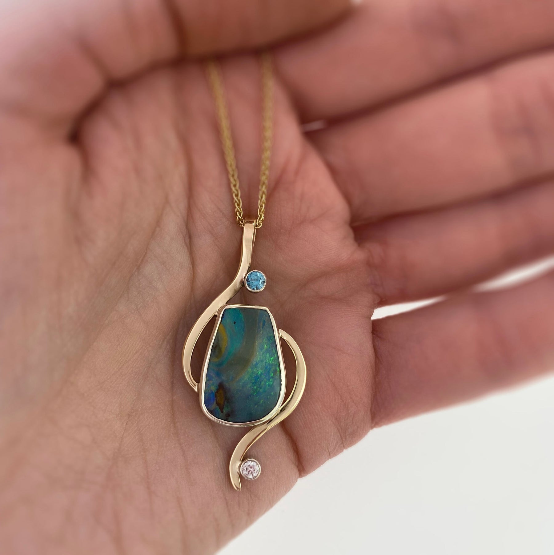 Boulder Opal, Blue Zircon and Diamond Atoll Necklace - Boutee