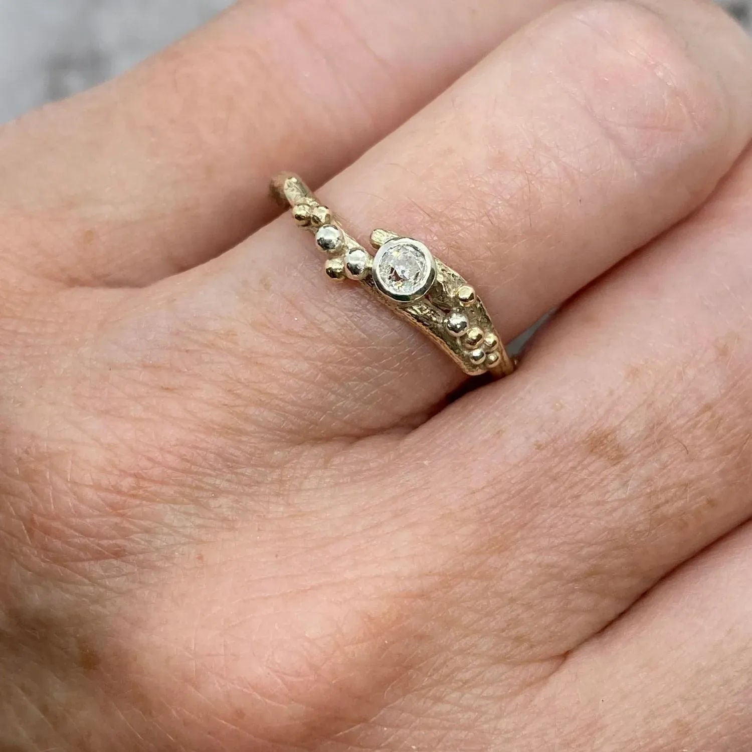 Recycled Vintage Diamond Twig Ring, Unique Eco Gold Engagement Ring - Boutee