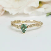 Pear Green Sapphire Engagement Ring, Gold Twig Ring - Boutee