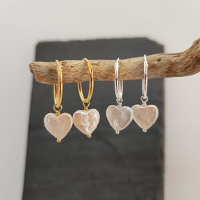 Pearl Heart Silver Creole Hoop Earrings - Boutee