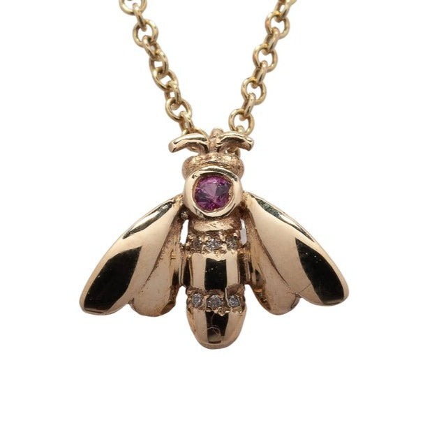 9ct Gold Pink Sapphire & Diamond Bee Necklace - Boutee